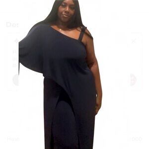 Roz & Ali Navy One-Shoulder Draped Jumpsuit Size 12 Formal Evening